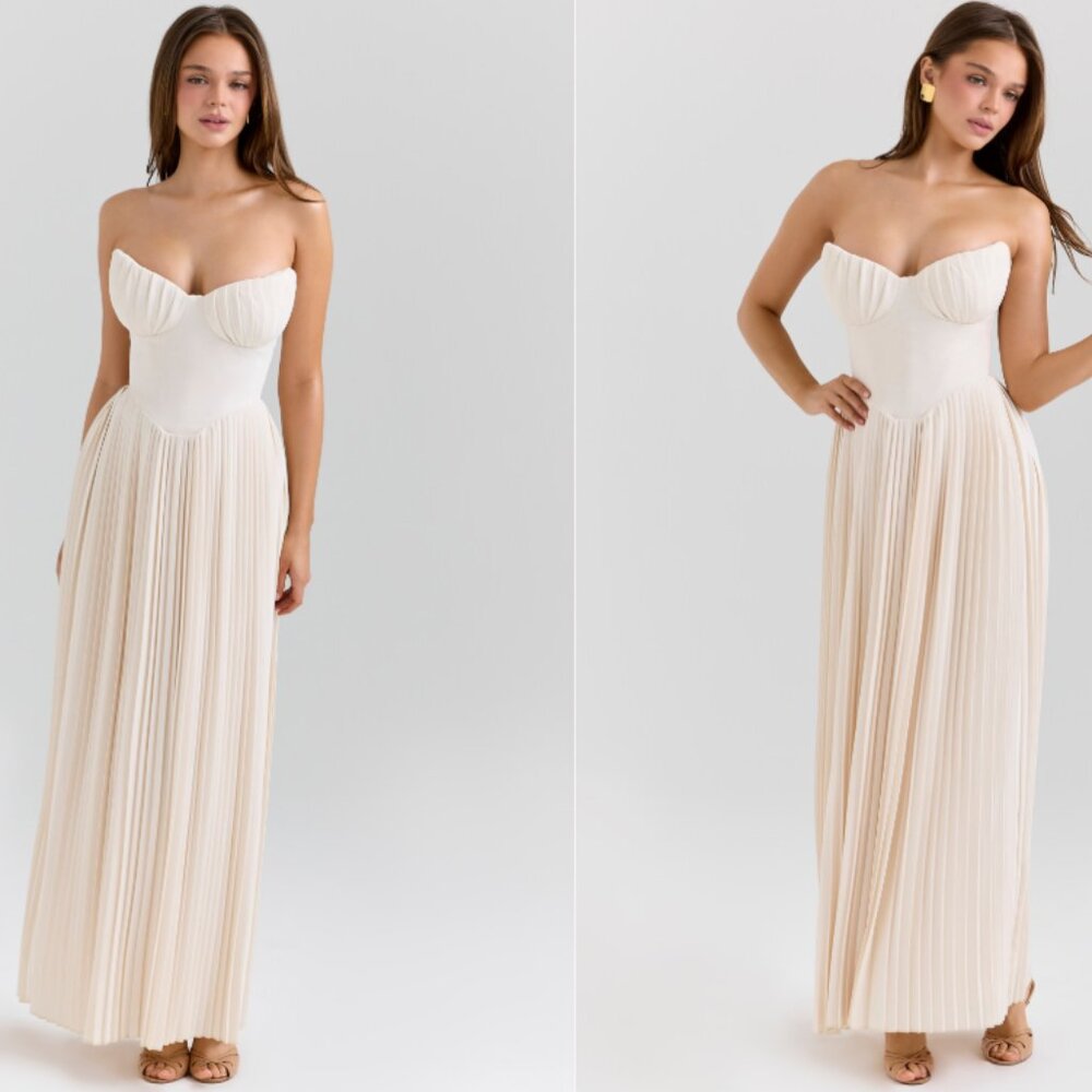 HOUSE OF CB 'Marcella' Ivory Georgette Pleated Maxi Dress NWOT - Picture 2 of 6